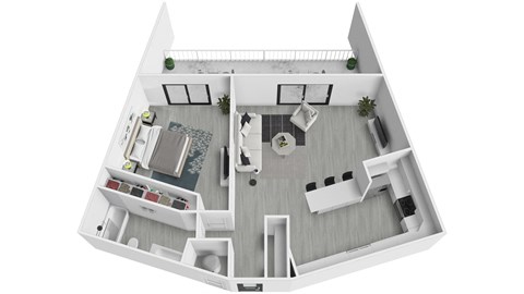 A white model of a house with a kitchen, living room, and bathroom.